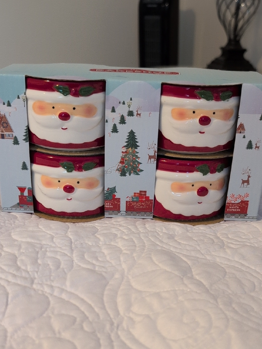 New, Santa Face Ceramic Stackable Mugs - Holiday Red & White Set